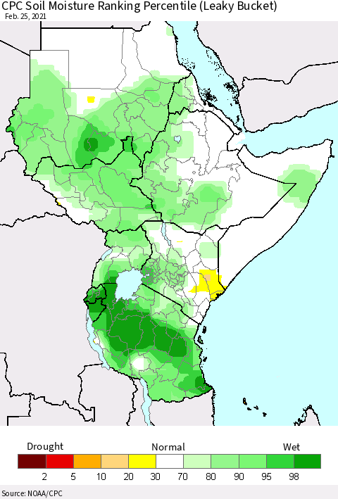 Eastern Africa CPC Soil Moisture Ranking Percentile (Leaky Bucket) Thematic Map For 2/21/2021 - 2/25/2021