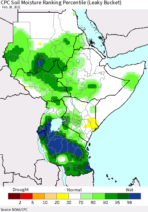 Eastern Africa CPC Soil Moisture Ranking Percentile (Leaky Bucket) Thematic Map For 2/26/2021 - 2/28/2021