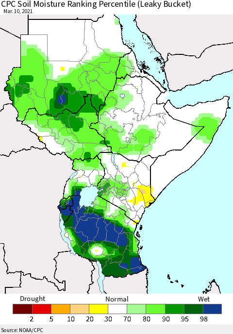 Eastern Africa CPC Calculated Soil Moisture Ranking Percentile Thematic Map For 3/6/2021 - 3/10/2021