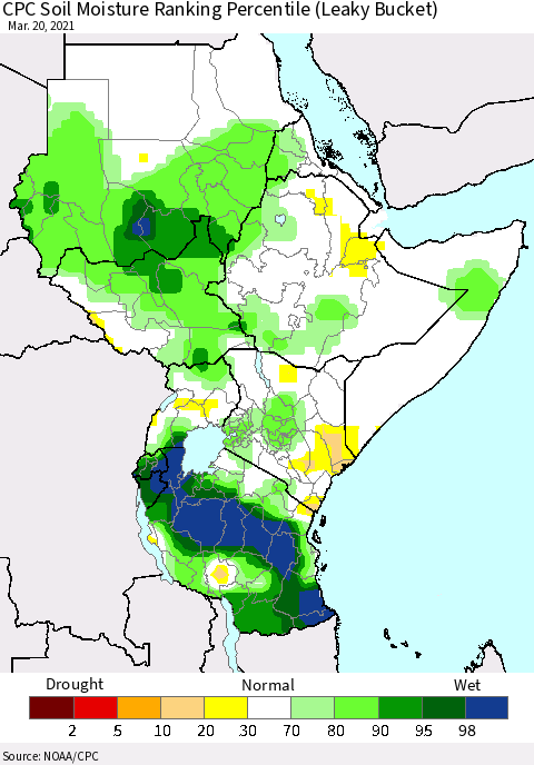 Eastern Africa CPC Calculated Soil Moisture Ranking Percentile Thematic Map For 3/16/2021 - 3/20/2021