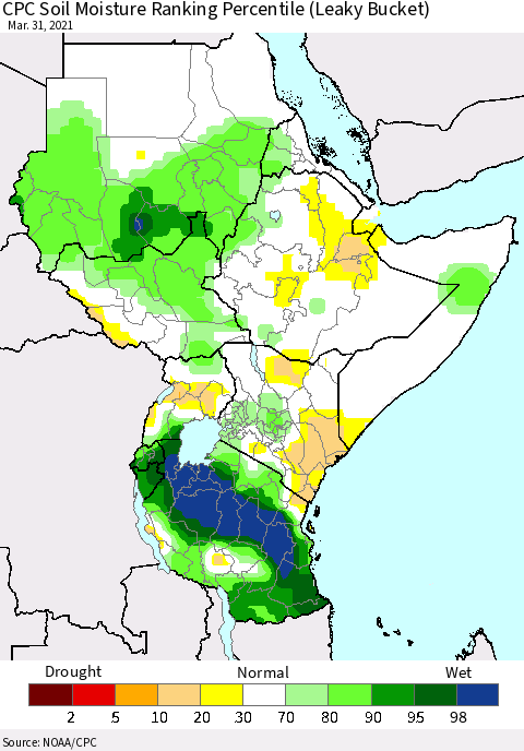Eastern Africa CPC Calculated Soil Moisture Ranking Percentile Thematic Map For 3/26/2021 - 3/31/2021