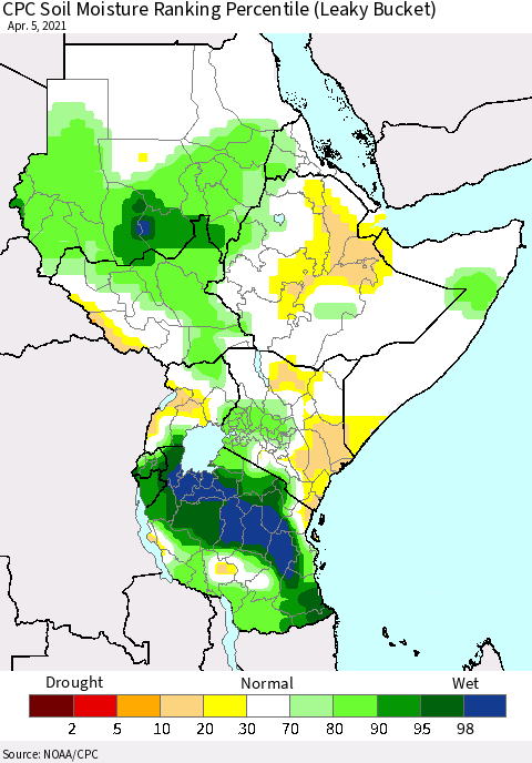 Eastern Africa CPC Calculated Soil Moisture Ranking Percentile Thematic Map For 4/1/2021 - 4/5/2021