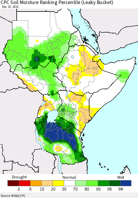Eastern Africa CPC Calculated Soil Moisture Ranking Percentile Thematic Map For 4/6/2021 - 4/10/2021