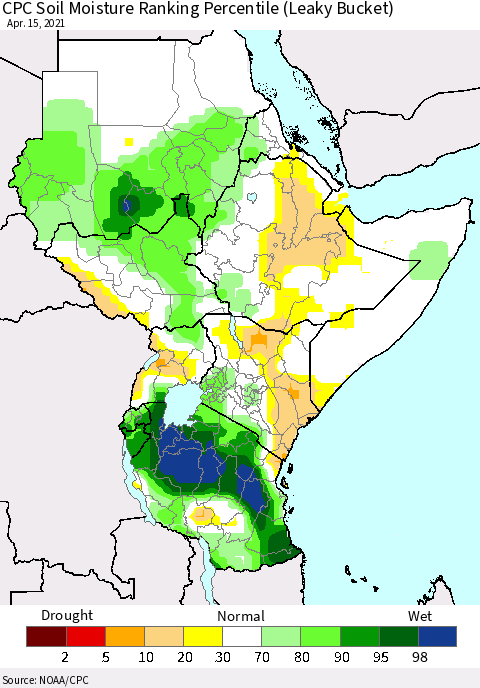 Eastern Africa CPC Calculated Soil Moisture Ranking Percentile Thematic Map For 4/11/2021 - 4/15/2021