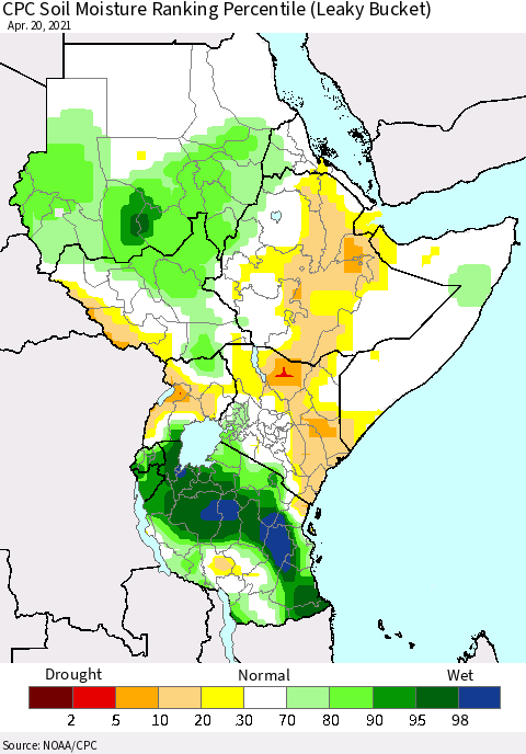 Eastern Africa CPC Calculated Soil Moisture Ranking Percentile Thematic Map For 4/16/2021 - 4/20/2021