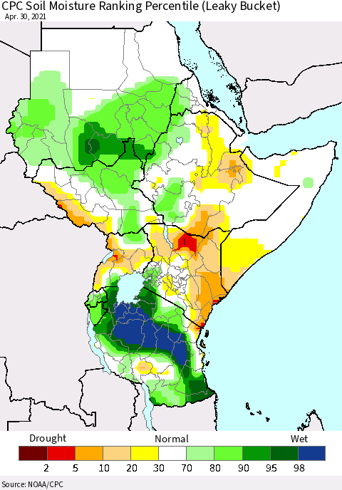 Eastern Africa CPC Soil Moisture Ranking Percentile (Leaky Bucket) Thematic Map For 4/26/2021 - 4/30/2021