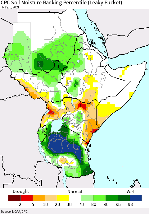 Eastern Africa CPC Calculated Soil Moisture Ranking Percentile Thematic Map For 5/1/2021 - 5/5/2021