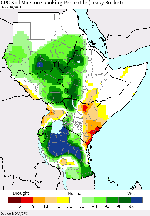 Eastern Africa CPC Calculated Soil Moisture Ranking Percentile Thematic Map For 5/6/2021 - 5/10/2021
