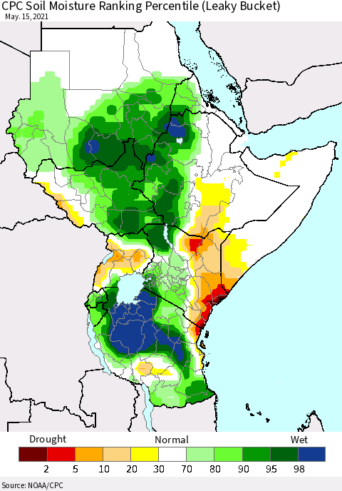Eastern Africa CPC Calculated Soil Moisture Ranking Percentile Thematic Map For 5/11/2021 - 5/15/2021