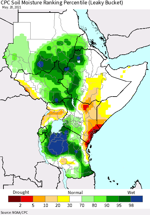Eastern Africa CPC Soil Moisture Ranking Percentile (Leaky Bucket) Thematic Map For 5/16/2021 - 5/20/2021