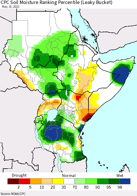 Eastern Africa CPC Soil Moisture Ranking Percentile (Leaky Bucket) Thematic Map For 5/26/2021 - 5/31/2021