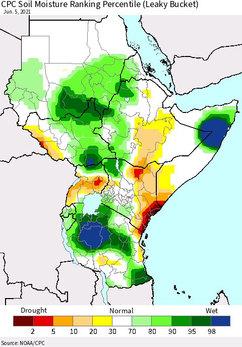 Eastern Africa CPC Calculated Soil Moisture Ranking Percentile Thematic Map For 6/1/2021 - 6/5/2021