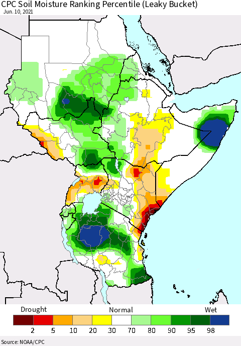 Eastern Africa CPC Calculated Soil Moisture Ranking Percentile Thematic Map For 6/6/2021 - 6/10/2021
