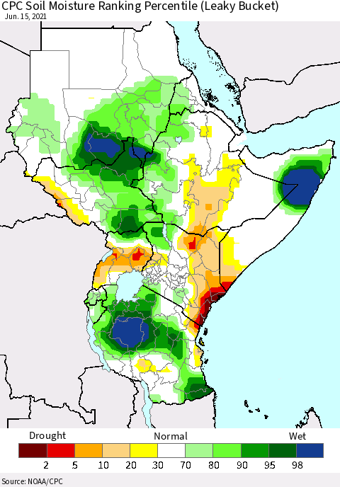 Eastern Africa CPC Soil Moisture Ranking Percentile (Leaky Bucket) Thematic Map For 6/11/2021 - 6/15/2021