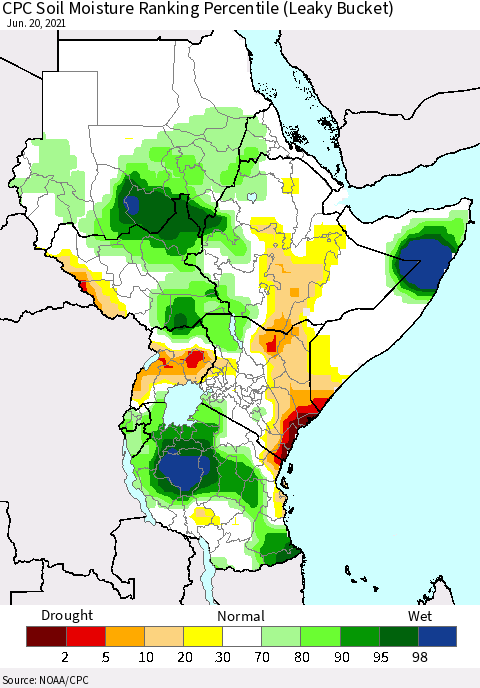 Eastern Africa CPC Calculated Soil Moisture Ranking Percentile Thematic Map For 6/16/2021 - 6/20/2021