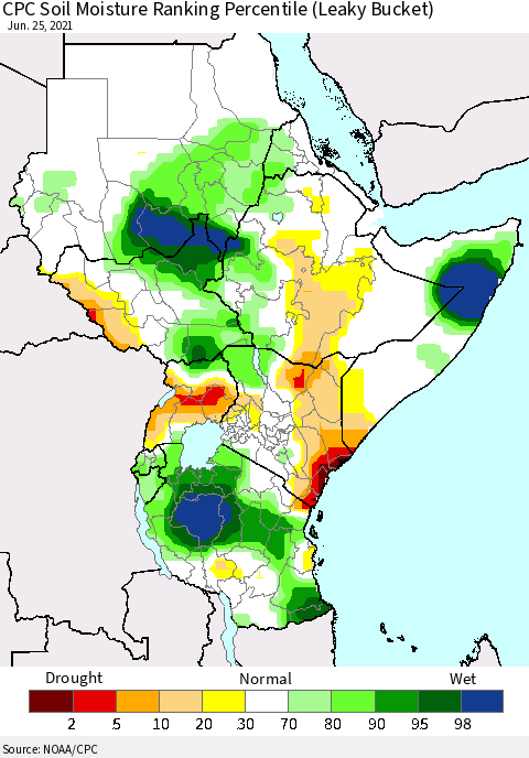 Eastern Africa CPC Calculated Soil Moisture Ranking Percentile Thematic Map For 6/21/2021 - 6/25/2021