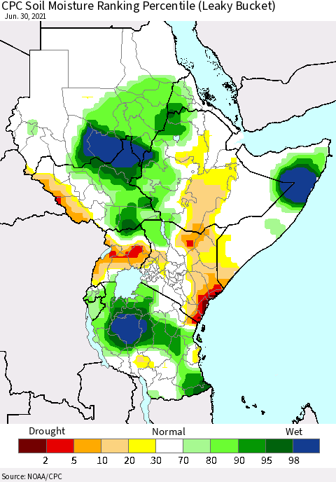 Eastern Africa CPC Calculated Soil Moisture Ranking Percentile Thematic Map For 6/26/2021 - 6/30/2021