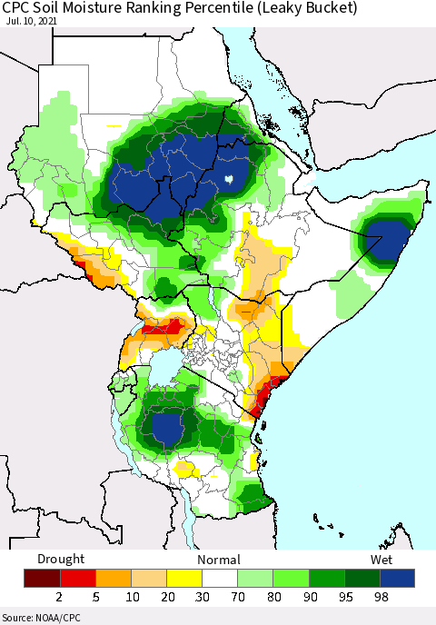 Eastern Africa CPC Calculated Soil Moisture Ranking Percentile Thematic Map For 7/6/2021 - 7/10/2021