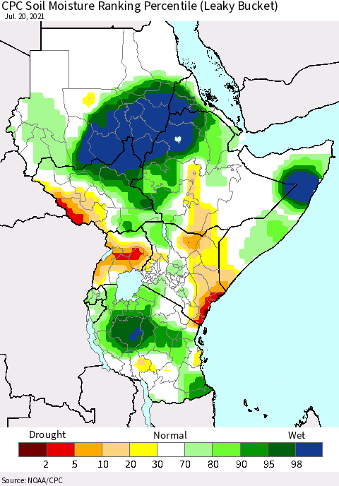 Eastern Africa CPC Calculated Soil Moisture Ranking Percentile Thematic Map For 7/16/2021 - 7/20/2021