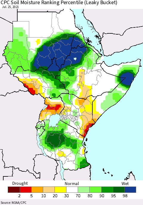Eastern Africa CPC Calculated Soil Moisture Ranking Percentile Thematic Map For 7/21/2021 - 7/25/2021