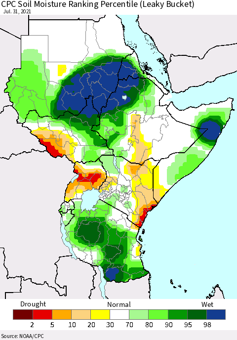 Eastern Africa CPC Soil Moisture Ranking Percentile (Leaky Bucket) Thematic Map For 7/26/2021 - 7/31/2021