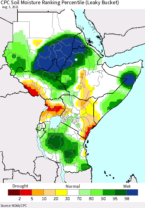 Eastern Africa CPC Soil Moisture Ranking Percentile (Leaky Bucket) Thematic Map For 8/1/2021 - 8/5/2021