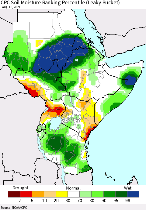 Eastern Africa CPC Soil Moisture Ranking Percentile (Leaky Bucket) Thematic Map For 8/6/2021 - 8/10/2021