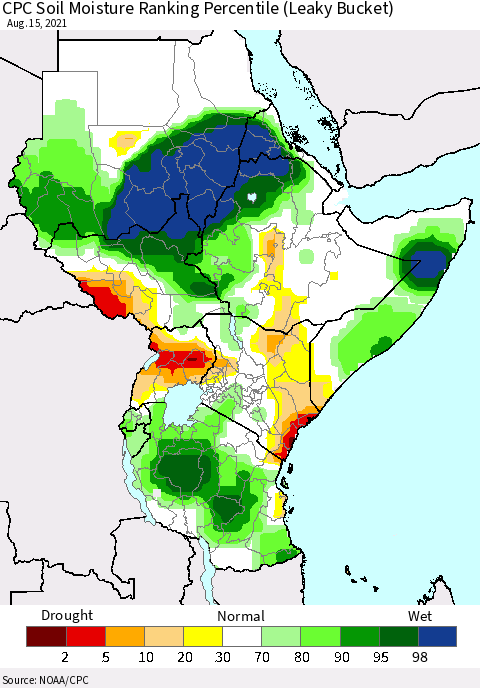 Eastern Africa CPC Calculated Soil Moisture Ranking Percentile Thematic Map For 8/11/2021 - 8/15/2021