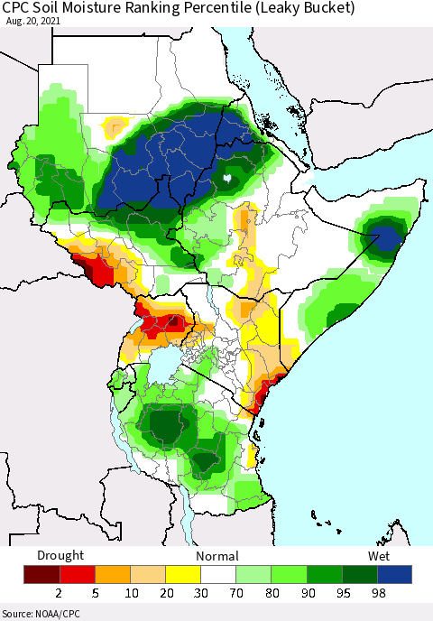 Eastern Africa CPC Soil Moisture Ranking Percentile (Leaky Bucket) Thematic Map For 8/16/2021 - 8/20/2021