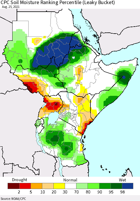 Eastern Africa CPC Calculated Soil Moisture Ranking Percentile Thematic Map For 8/21/2021 - 8/25/2021