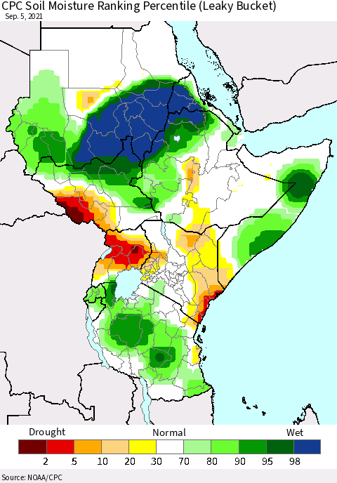 Eastern Africa CPC Soil Moisture Ranking Percentile (Leaky Bucket) Thematic Map For 9/1/2021 - 9/5/2021