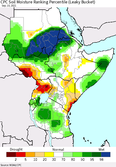 Eastern Africa CPC Soil Moisture Ranking Percentile (Leaky Bucket) Thematic Map For 9/6/2021 - 9/10/2021