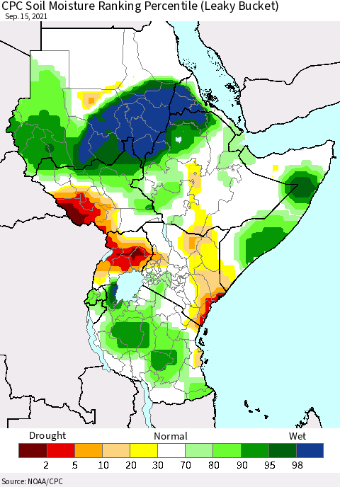Eastern Africa CPC Calculated Soil Moisture Ranking Percentile Thematic Map For 9/11/2021 - 9/15/2021