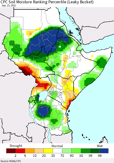 Eastern Africa CPC Calculated Soil Moisture Ranking Percentile Thematic Map For 9/21/2021 - 9/25/2021