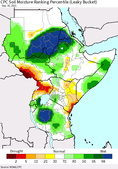 Eastern Africa CPC Soil Moisture Ranking Percentile (Leaky Bucket) Thematic Map For 9/26/2021 - 9/30/2021