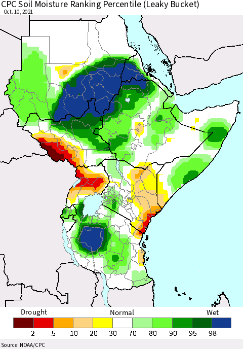 Eastern Africa CPC Soil Moisture Ranking Percentile (Leaky Bucket) Thematic Map For 10/6/2021 - 10/10/2021