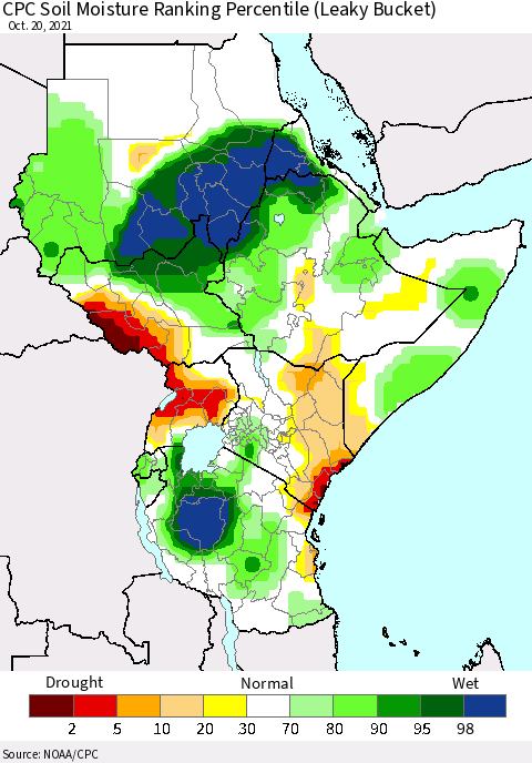 Eastern Africa CPC Calculated Soil Moisture Ranking Percentile Thematic Map For 10/16/2021 - 10/20/2021