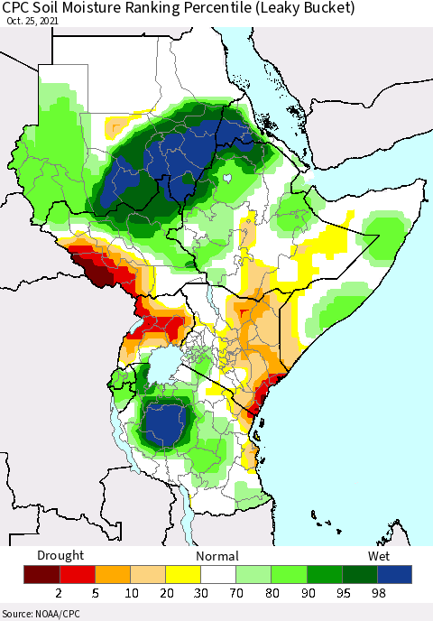 Eastern Africa CPC Soil Moisture Ranking Percentile (Leaky Bucket) Thematic Map For 10/21/2021 - 10/25/2021