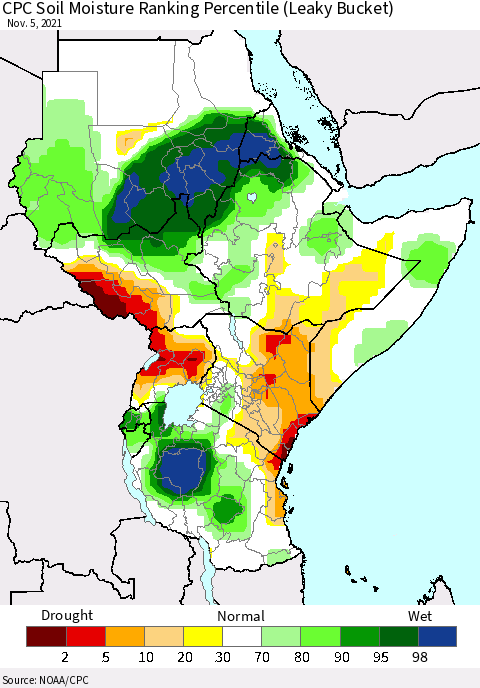 Eastern Africa CPC Calculated Soil Moisture Ranking Percentile Thematic Map For 11/1/2021 - 11/5/2021