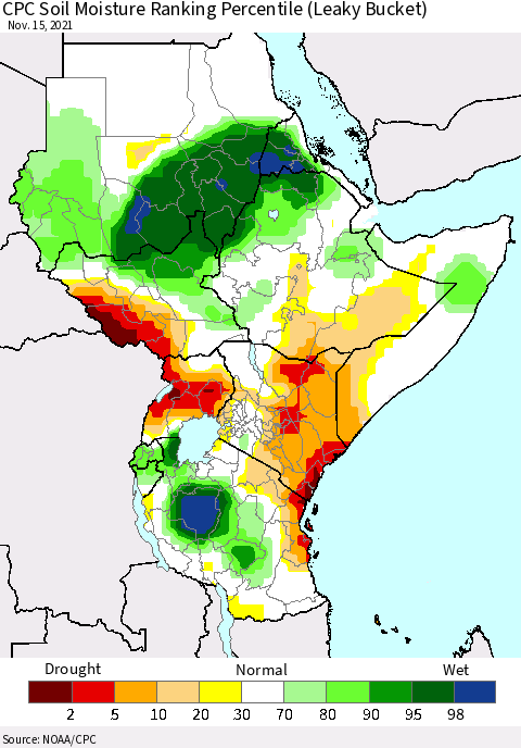 Eastern Africa CPC Calculated Soil Moisture Ranking Percentile Thematic Map For 11/11/2021 - 11/15/2021