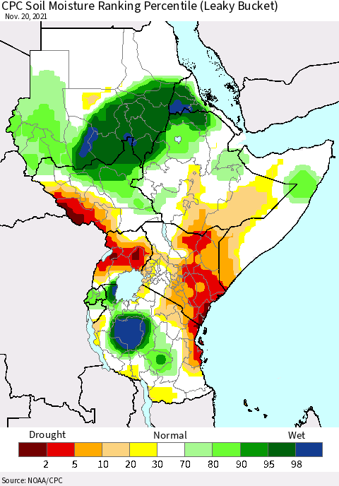 Eastern Africa CPC Calculated Soil Moisture Ranking Percentile Thematic Map For 11/16/2021 - 11/20/2021