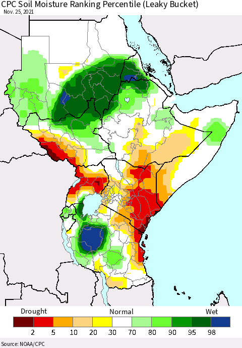 Eastern Africa CPC Calculated Soil Moisture Ranking Percentile Thematic Map For 11/21/2021 - 11/25/2021