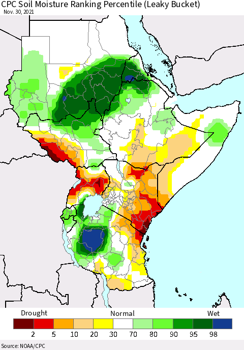 Eastern Africa CPC Calculated Soil Moisture Ranking Percentile Thematic Map For 11/26/2021 - 11/30/2021