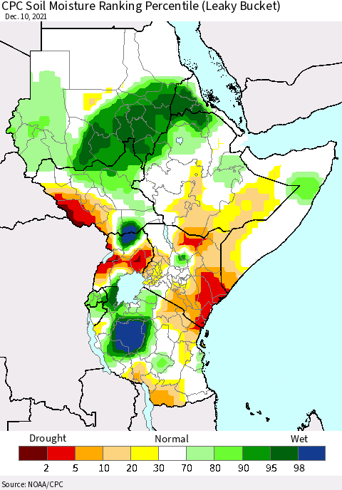 Eastern Africa CPC Calculated Soil Moisture Ranking Percentile Thematic Map For 12/6/2021 - 12/10/2021