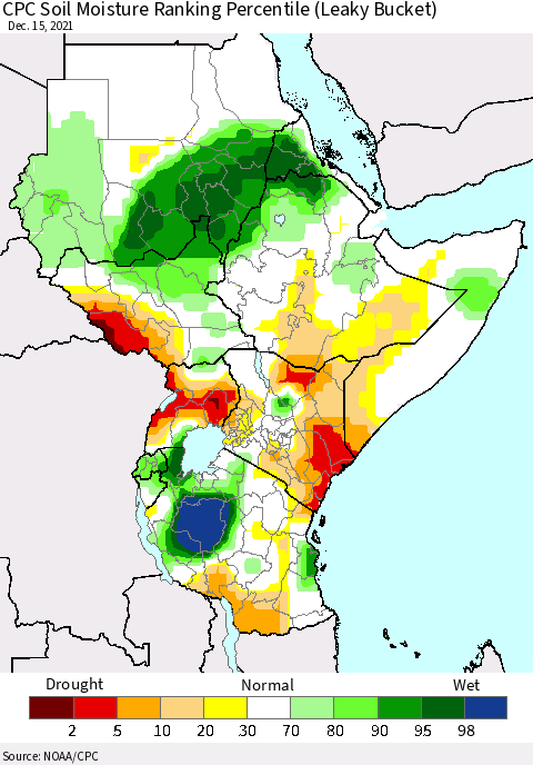Eastern Africa CPC Soil Moisture Ranking Percentile (Leaky Bucket) Thematic Map For 12/11/2021 - 12/15/2021
