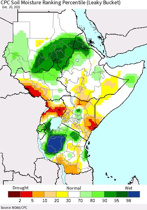 Eastern Africa CPC Calculated Soil Moisture Ranking Percentile Thematic Map For 12/16/2021 - 12/20/2021