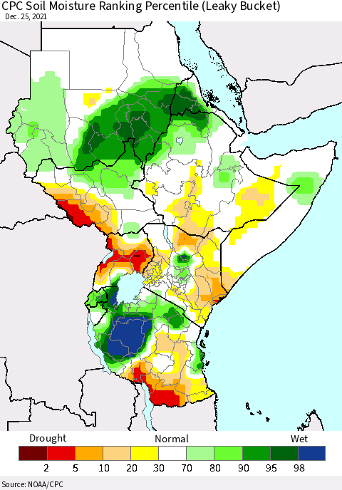 Eastern Africa CPC Calculated Soil Moisture Ranking Percentile Thematic Map For 12/21/2021 - 12/25/2021
