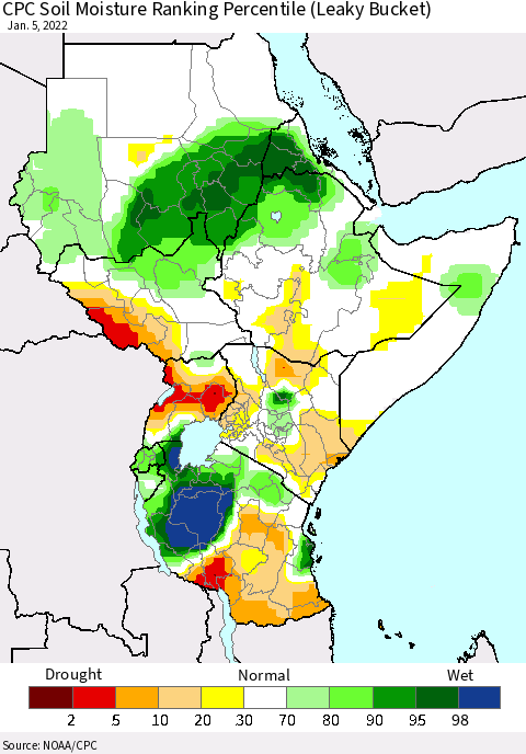 Eastern Africa CPC Soil Moisture Ranking Percentile (Leaky Bucket) Thematic Map For 1/1/2022 - 1/5/2022
