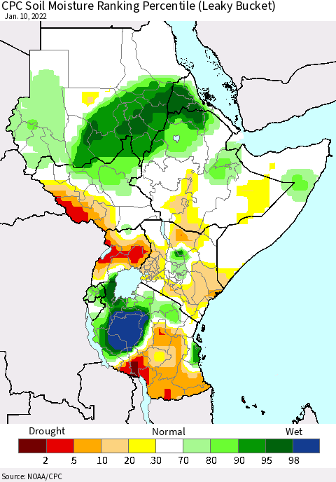 Eastern Africa CPC Calculated Soil Moisture Ranking Percentile Thematic Map For 1/6/2022 - 1/10/2022