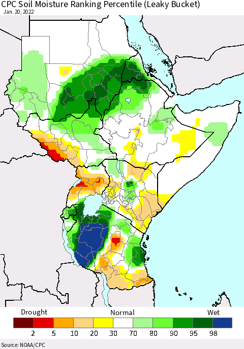 Eastern Africa CPC Calculated Soil Moisture Ranking Percentile Thematic Map For 1/16/2022 - 1/20/2022